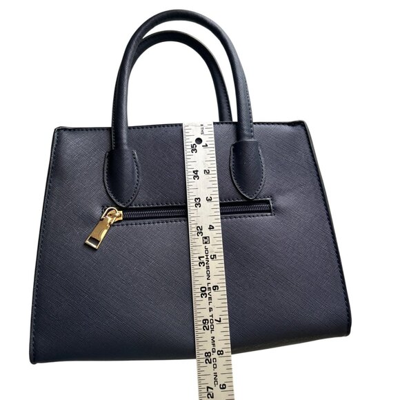 Small Navy Faux Leather Blue Handbag With Gold Accents & Double Handles Classy - Picture 7 of 9